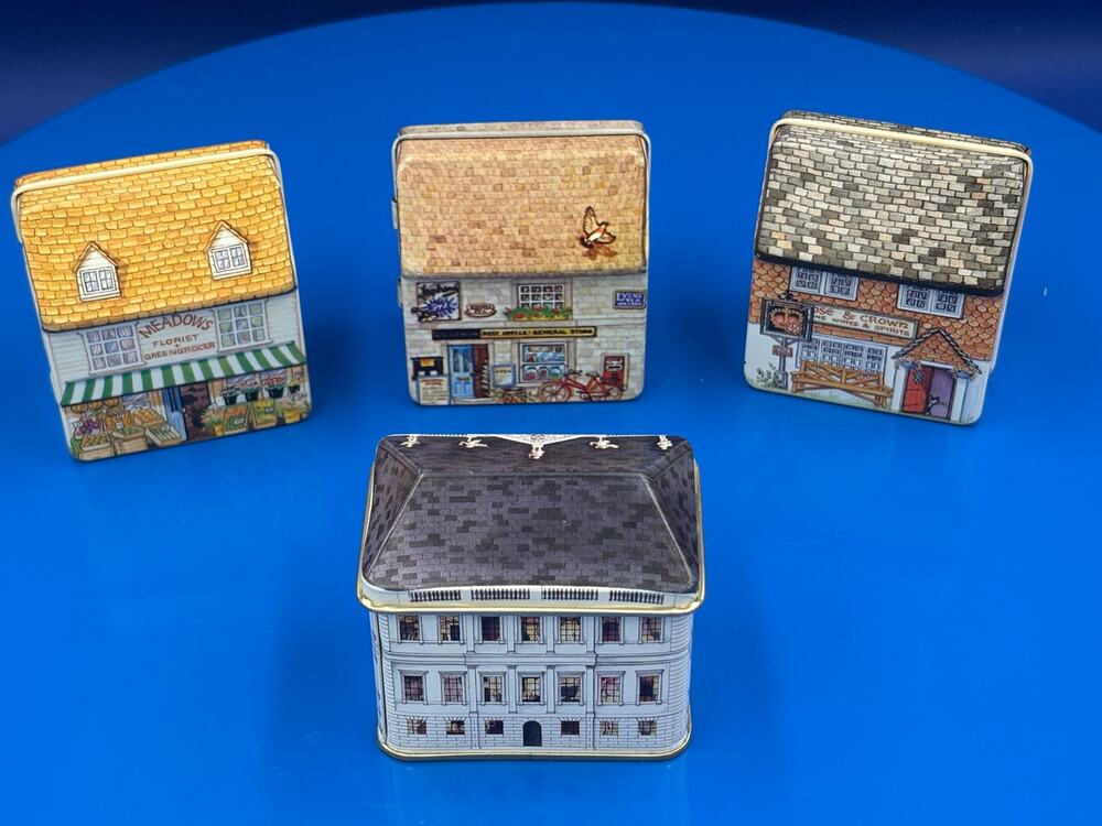 Vintage Set of Three Dana Kubick Metal Building Looking Trinket Tins
